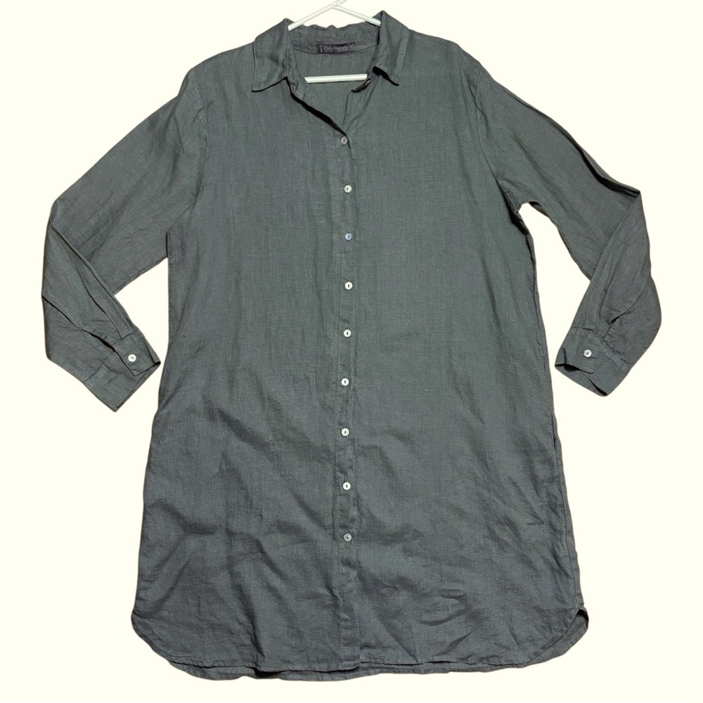 Cut Loose Hanky 100% Linen Button Down Shirt Dress In Green Gray Sz M